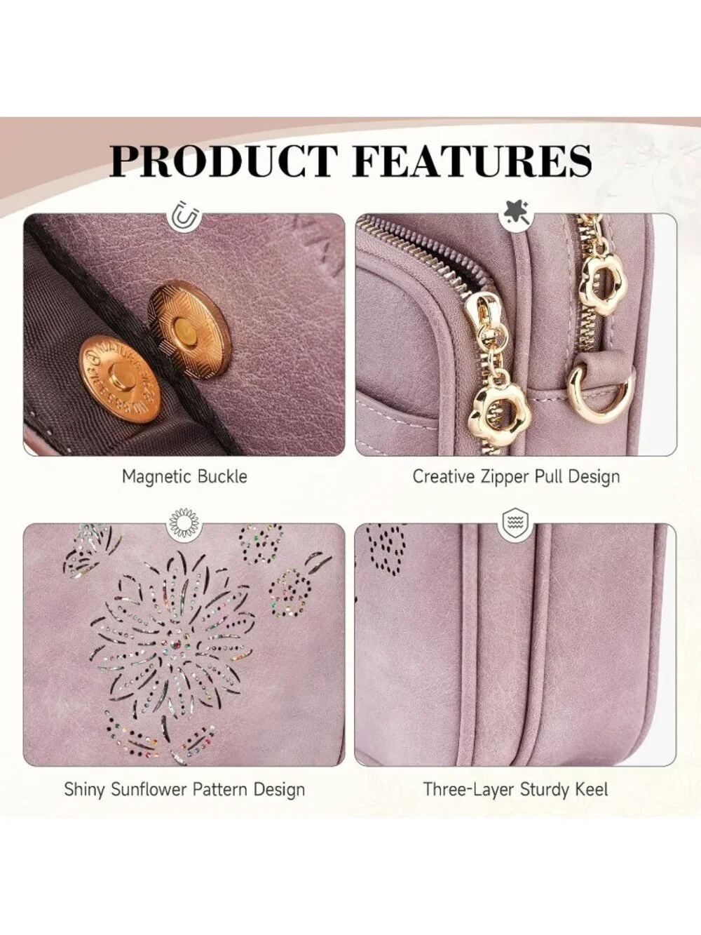 Women's purple Crossbody Phone Purse Triple Compartment Lightweight Shoulder Bag